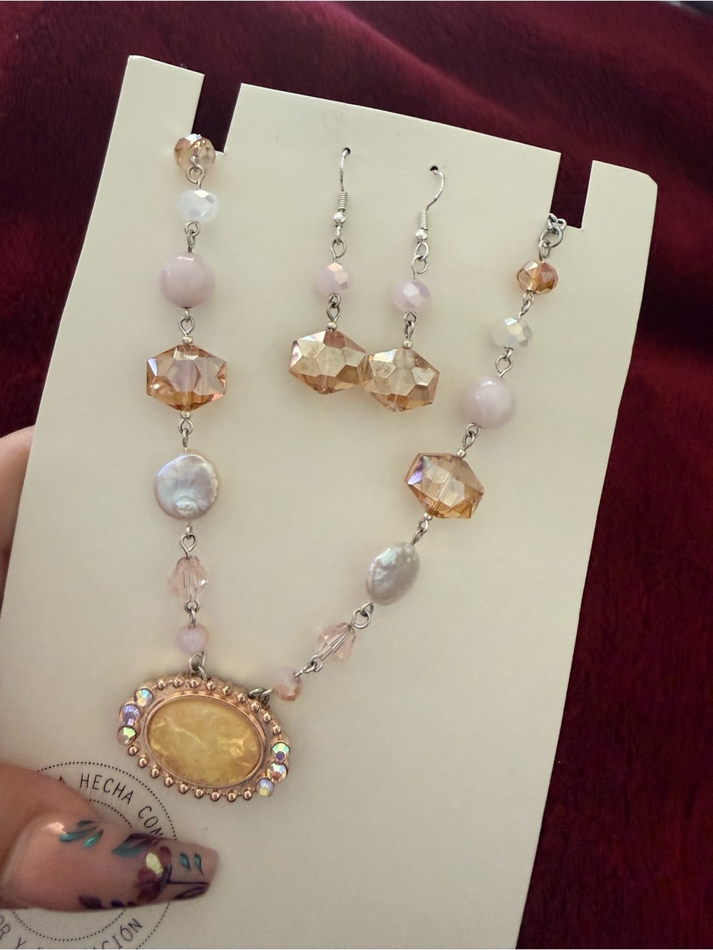 Handcrafted Pink & Champagne Beaded Necklace and Earring Set - Unbranded